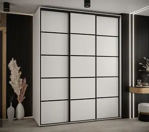 Cannes IV Modern White Sliding Door Wardrobe 2000mm H2050mm D600mm with Black Steel Handles and Decorative Strips