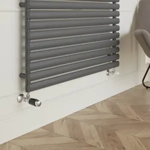 GoodHome Polished Black Angled Thermostatic Radiator valve & lockshield (Dia)15mm x ½"