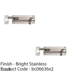 2 PACK - Cranked Barrel Surface Mounted Sliding Door Bolt Lock 200mm x 38mm Bright Steel