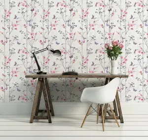 Muriva Pink Floral Pearl effect Embossed Wallpaper