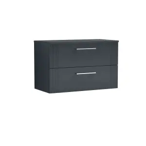 Retro 2 Drawer Wall Hung Vanity Unit with Colour Coordinating Worktop - 800mm - Satin Soft Black - Balterley