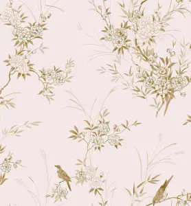 Shabby Chic by Rachel Ashwell Bird Chinoiserie Pink Gold Floral Wallpaper