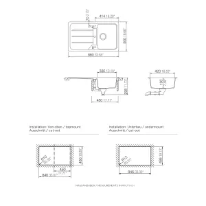 Cooke & Lewis Arber Black Composite quartz 1 Bowl Sink & drainer 500mm x 860mm