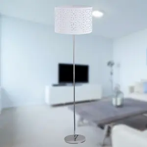 First Choice Lighting Chrome Stick Floor Lamp with White Laser Cut Shade