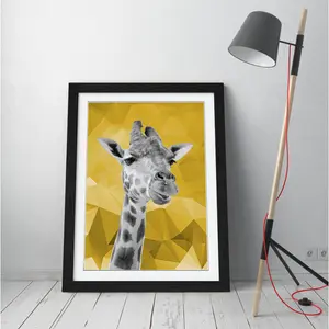 Giraffe Black And White Yellow Mustard Geo - Single Picture Frame Print on Canvas Black Frame / 35cm H x 26cm W x 2cm D 