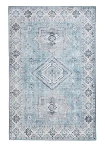 Light Blue Traditional Bordered Geometric Rug for Bedroom & Living Room-120cm X 170cm