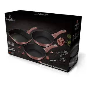 BERLINGER HAUS Rose 3pc Frying Grill Pan Aluminium Non Stick Marble Coating Metallic