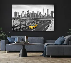 New York On The Bridge Yellow Cab Canvas Print Wall Art - Medium 20 x 32 Inches