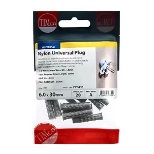 Timco - Nylon Universal Plugs (Size 6.0 x 30 - 20 Pieces)