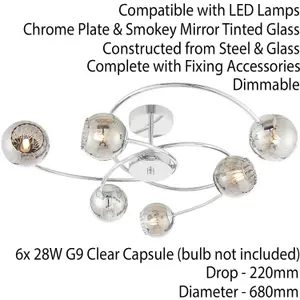 Semi Flush Ceiling Light Chrome & Mirror Glass Shade 6x Lamp Hanging Pendant