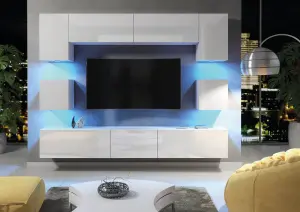 Panorama Wall TV Unit White with High Gloss Doors and LED Lighting - Creative Furniture