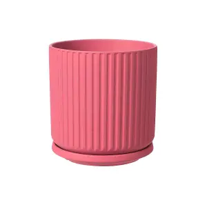 Ceramic Ridged Design Plant Pot With Saucer. Pink - H17.5 cm