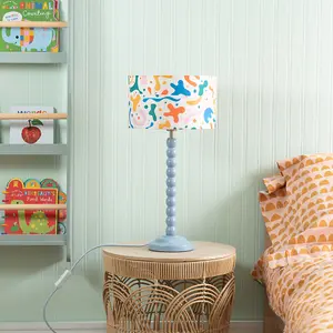 Powder Blue Bobbin Stem Table Lamp with Abstract Shapes Drum Shade for Living Room Bedroom