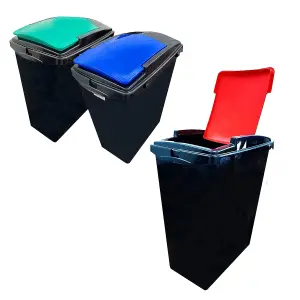 Set Of 3 (Blue, Green & Red) Large Black Base 40L Utility Recycling Interlocking Waste Bins