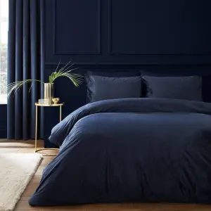 Catherine Lansfield Kingsley Soft Matt Velvet Double Duvet Cover Set with Pillowcases Navy Blue