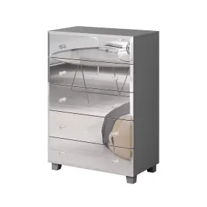 Sophisticated Grey Bellagio Chest of Drawers W720mm H1060mm D450mm - Mirrored Fronts, Five Drawers