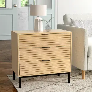 Brown Slatted Effect 3 Drawers Chest Bedside Table Bedroom Dresser Cabinet H 690 x W 720 x D 400 mm