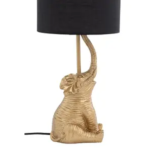 First Choice Lighting Elephant Gold Resin Table Lamp With Black Fabric Shade