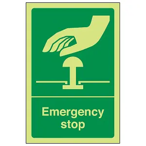 Emergency Stop Button Green Safety Sign - Glow in the Dark - 200x300mm (x3)