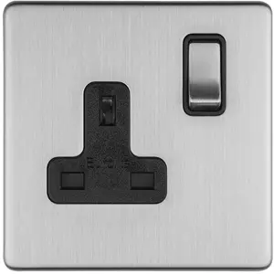 1 Gang DP 13A Switched UK Plug Socket SCREWLESS SATIN STEEL Wall Power Outlet