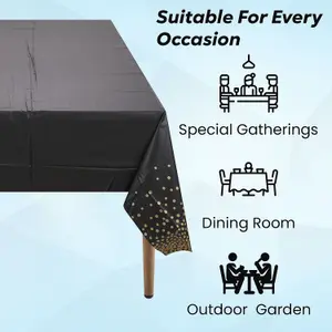 Black Plastic Tablecloth, Gold Dot Confetti Printed Waterproof Table Cover - 54"x108"