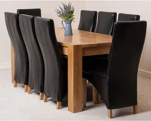 Kuba 180 x 90 cm Chunky Oak Dining Table and 8 Chairs Dining Set with Lola Black Leather Chairs