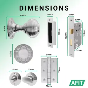 AFIT Beehive Bathroom Door Knob Set Satin Chrome - 1 Pair of Reeded Mortice Knobs (55mm), Lock (80mm) & Hinges (76mm)