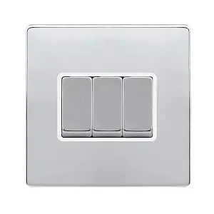 Polished Chrome Screwless Plate 10A 3 Gang 2 Way Ingot Light Switch - White Trim - SE Home