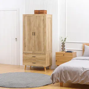 HOMCOM 2 Door Wardrobe with 2 Drawers and Hanging Rail for Bedroom