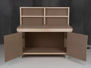 Wooden MDF Top Workbench With Lockable Cupboard (V.9) (H-90cm, D-70cm, L-180cm) with back panel and wheels