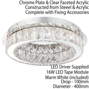 Flush Ceiling Mount Light Chrome & Acrylic Round Modern Crystal LED Ring Lamp