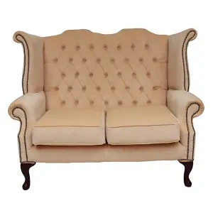 Chesterfield 2 Seater High Back Wing Sofa Chair Velluto Vanilla Fabric In Queen Anne Style