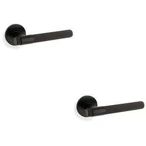 2 PACK - SOLID BRASS Knurled Door Handle Set - Matt Black Bar Lever on Round Rose