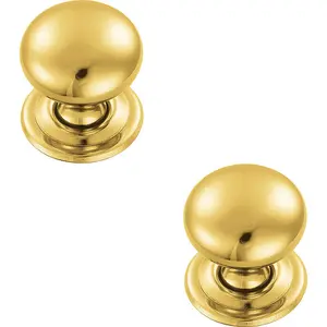 2x Round Victorian Cupboard Door Knob 38mm Dia Polished Brass Cabinet Handle