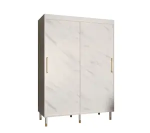 Bergen Contemporary 2 Sliding Door Wardrobe Gold Handles Marble Effect 5 Shelves 2 Rails White (H)2080mm (W)1500mm (D)620mm