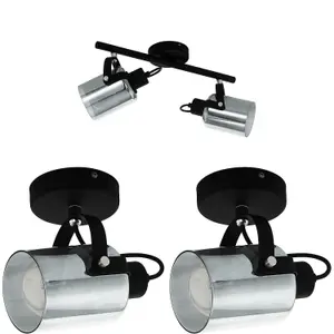 Twin Ceiling Spot Light & 2x Matching Wall Lights Black Vaporized Glass Shade