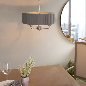 Ceiling Pendant Light - Bright Nickel & Charcoal Fabric - 3 x 40W E14 - e10234