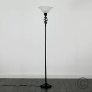 ValueLights Memphis Traditional Style Satin Black Barley Twist Floor Lamp with Frosted Shade