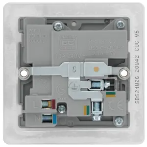 BG Brushed Steel Single 13A Flat Switched Screwed Socket with USB, x2 & Grey inserts