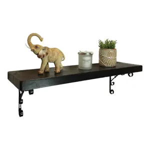 Solid Wood Handmade Rustical Shelf Black Ash 175mm 7 inch with Black Metal Bracket WO Length of 220cm