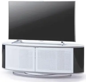 MDA Designs LUNA Gloss White Oval Cabinet with Black Profiles and White BeamThru Glass Doors for Flat Screen TVs up to 50"