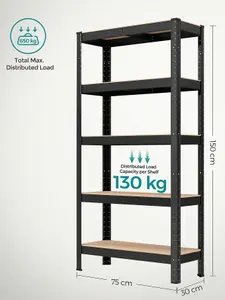 SONGMICS  Shelving Unit, 150 X 75 X 30 Cm, Max. Load 650 Kg (130 Kg Per Tier), Storage Rack, Black And Rustic Brown