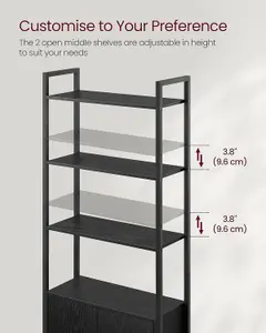 VASAGLE Bookcase with Door, 6-Tier Tall Shelf, Metal Frame, Adjustable Shelves, for Bedroom & Living Room, Ebony Black & Ink Black