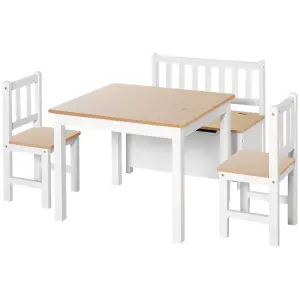 HOMCOM 4-Piece Set Kids Wood Table Chair Bench w/ Storage Function for 3 Years+