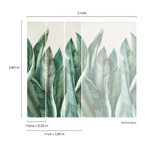 Grandeco Banana Leaf 3 lane repeatable Textured Mural, 2.8 x 1.59m