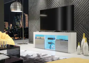 Pulse TV Unit 145cm White and Grey High Gloss Doors with LED Lighting - Creative Furniture