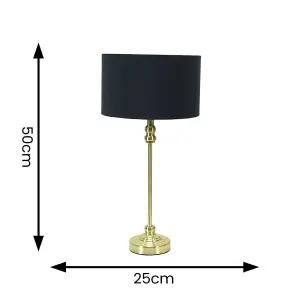 ValueLights Maggie Gold Metal Candlestick Slim Table Lamp with Black Fabric Drum Lamp Shade and LED Bulb