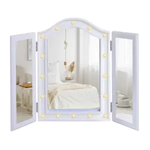 HOMCOM Lighted Tri-Fold Vanity Mirror Large Cosmetic Mirror w/ LED Lights White