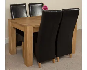 Kuba 125 x 80 cm Chunky Oak Small Dining Table and 4 Chairs Dining Set with Lola Black Leather Chairs