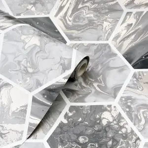 Arthouse Marbled Hex Charcoal/Rose Gold Wallpaper